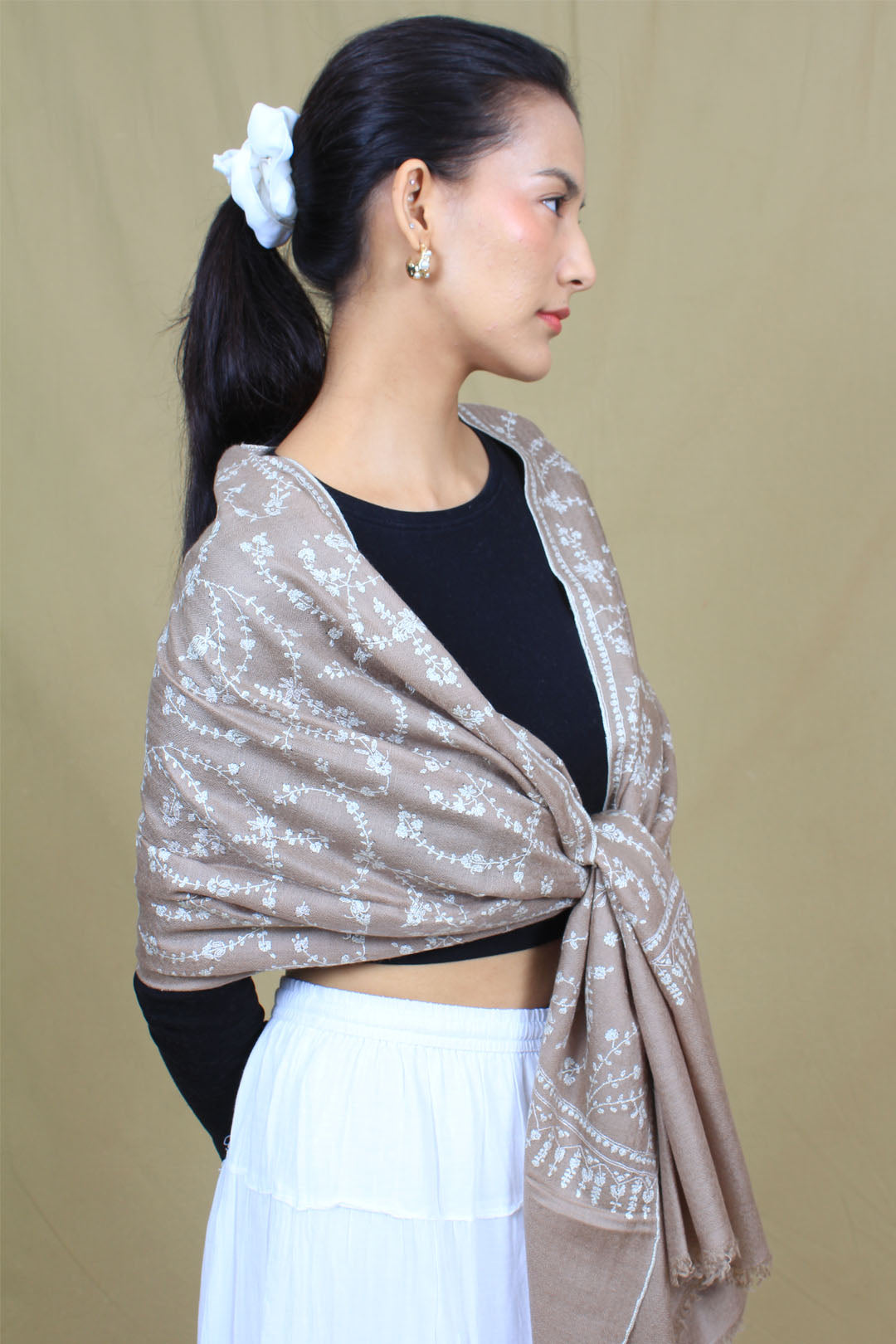 Sophia Hazelnut Sozni Jaali Embroidered Pashmina Stole