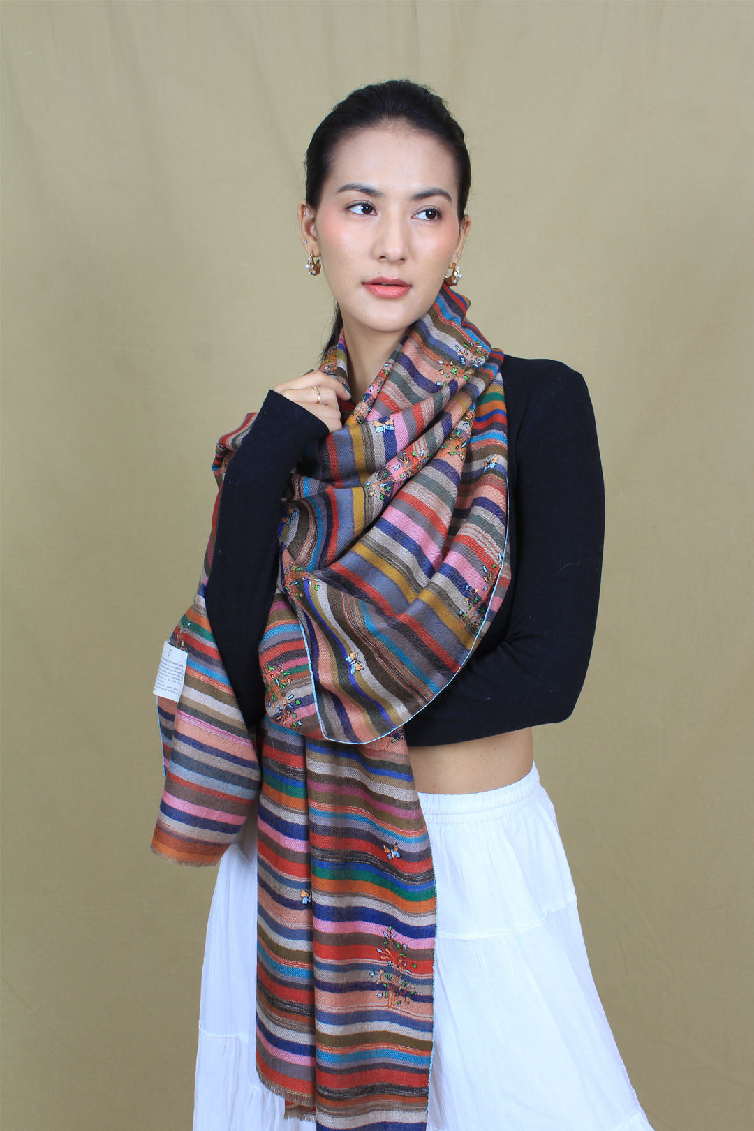 Meezan Multi Coloured Butidar Strips Cashmere Stole