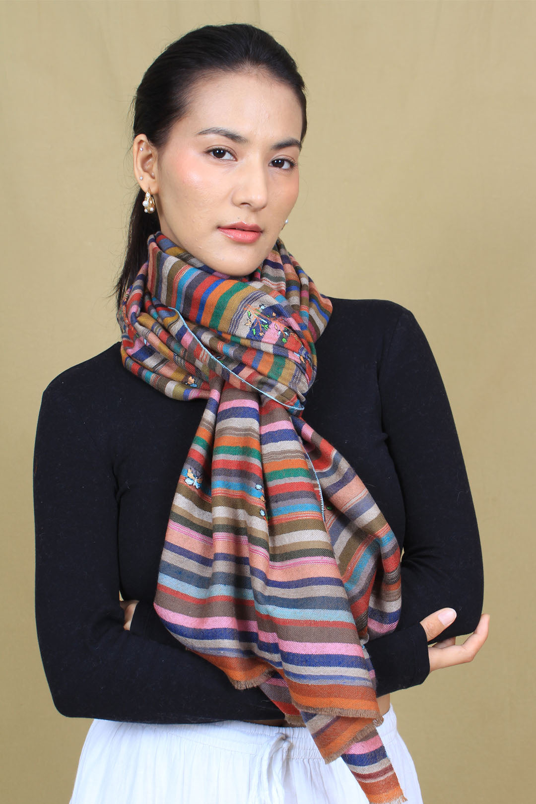 Meezan Multi Coloured Butidar Strips Cashmere Stole