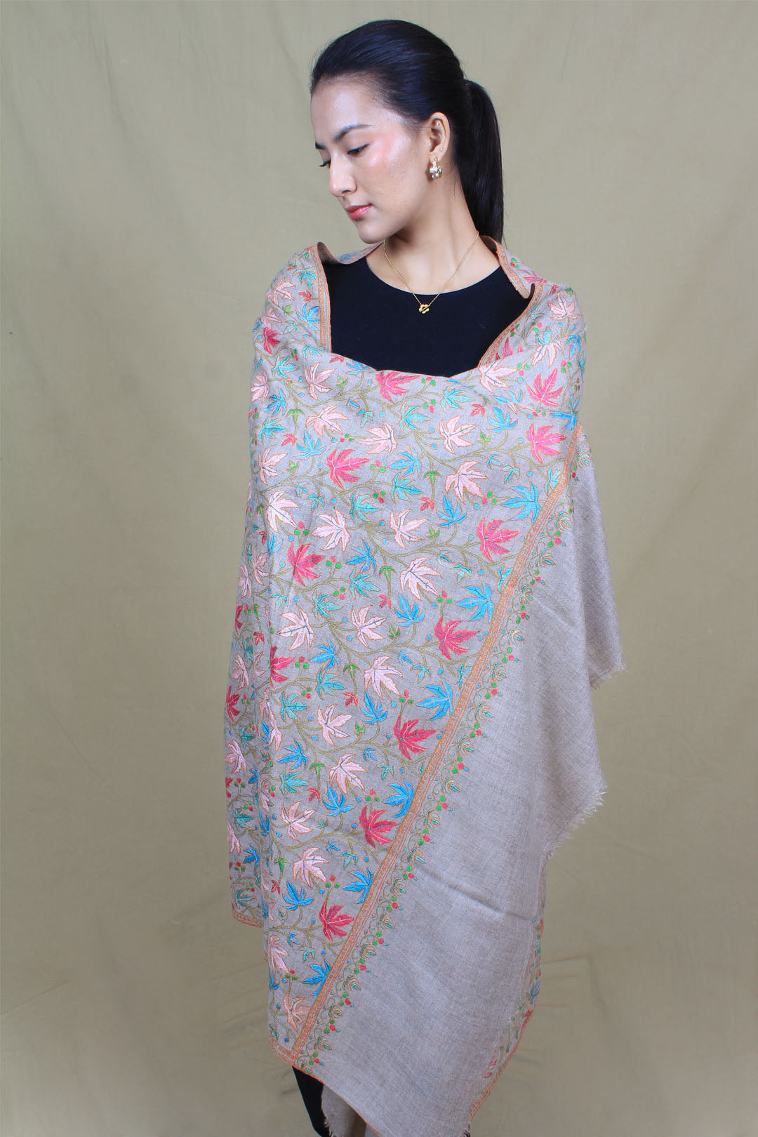 Mystique Shaker Beige Sozni Jamavar Embroidered Pashmina Shawl