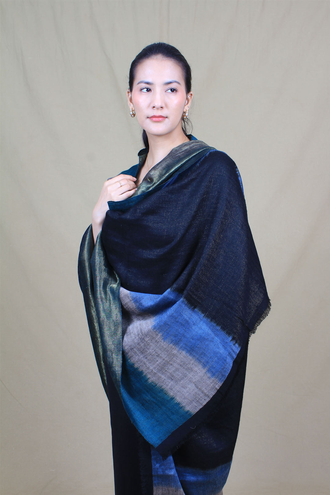 Umaymah Metallic Multi Colour Ikat Dyed Cashmere Shawl