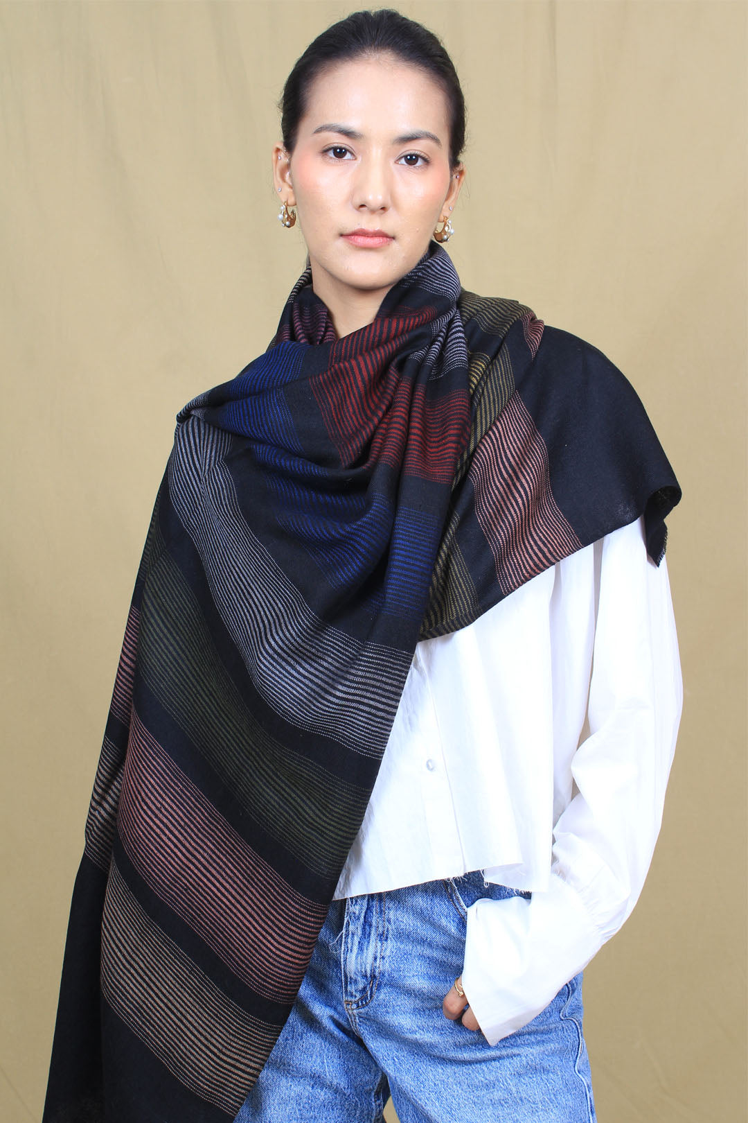 Mimosa Black Multi Colour Strips Cashmere stole