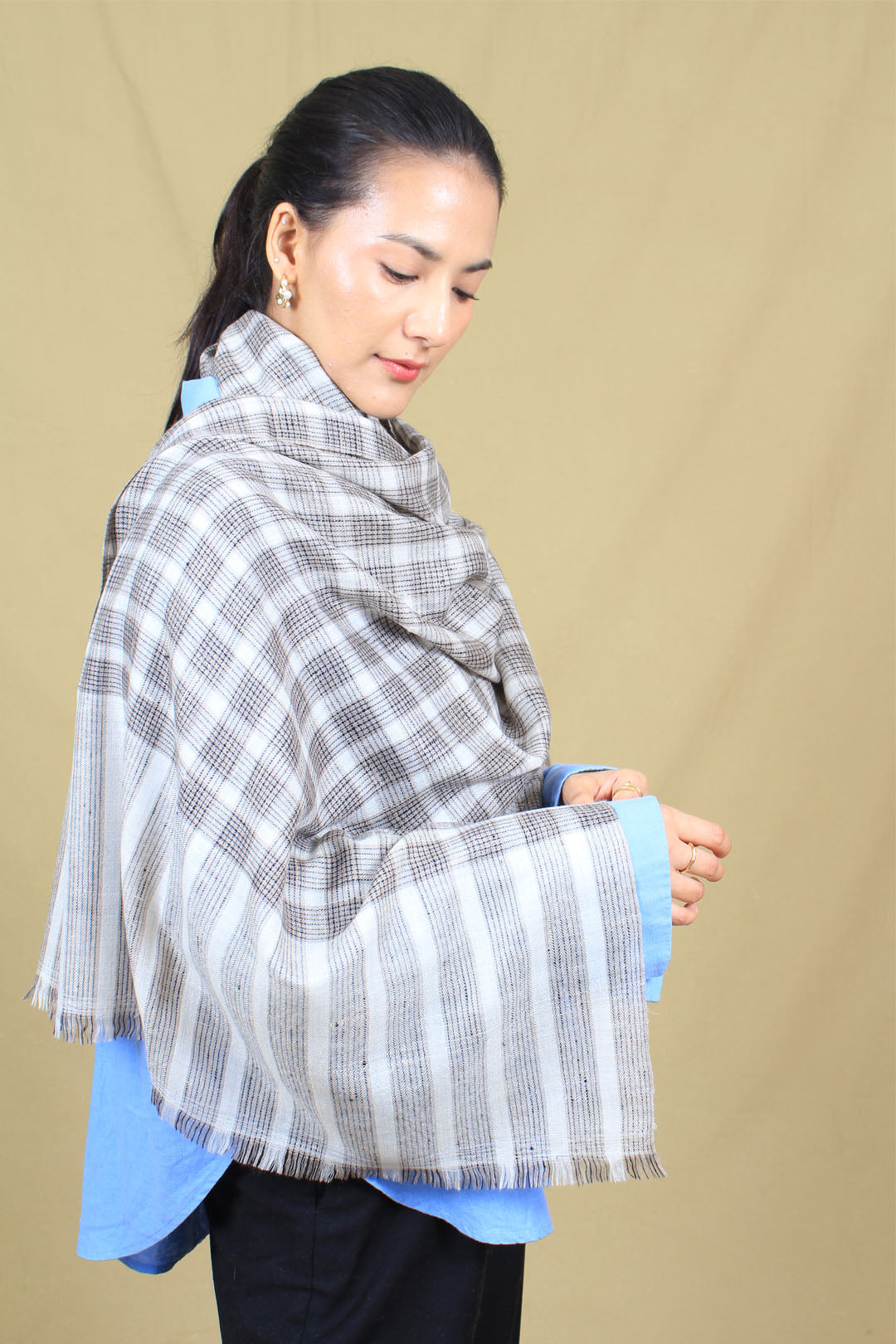 Umair Pearl River Grey Check And Strips Cashmere Stole