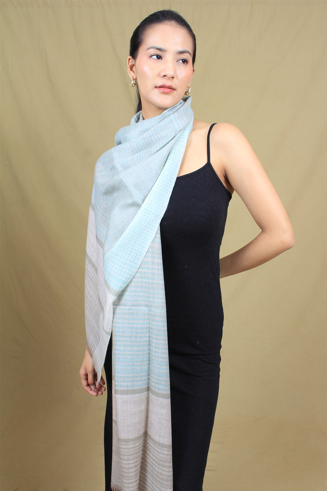 Dorje Ice Blue Check Strips Khadi and Zari Pashmina Stole