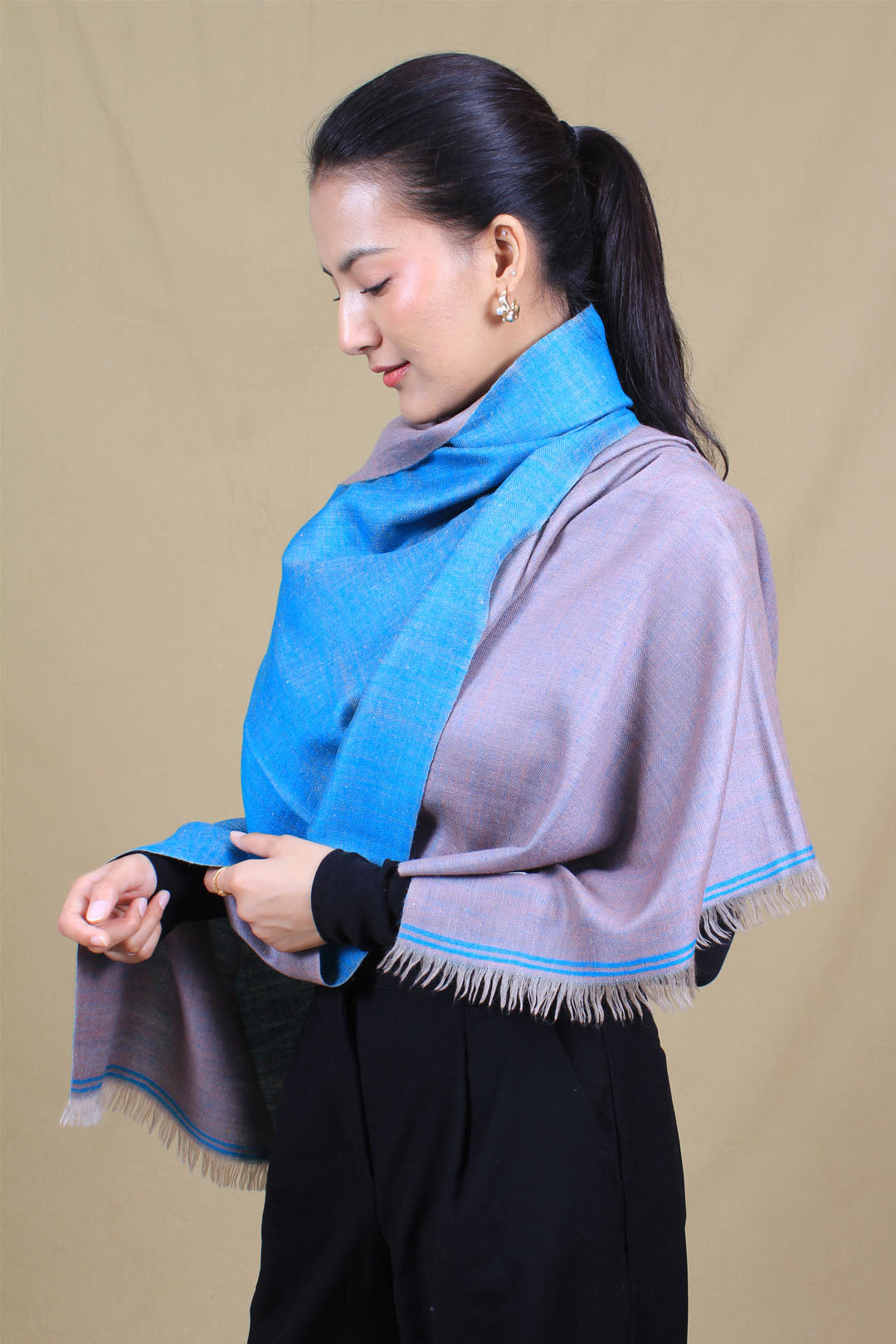 Gulcan Light Summer Blue And Grey Reversible Cashmere Stole