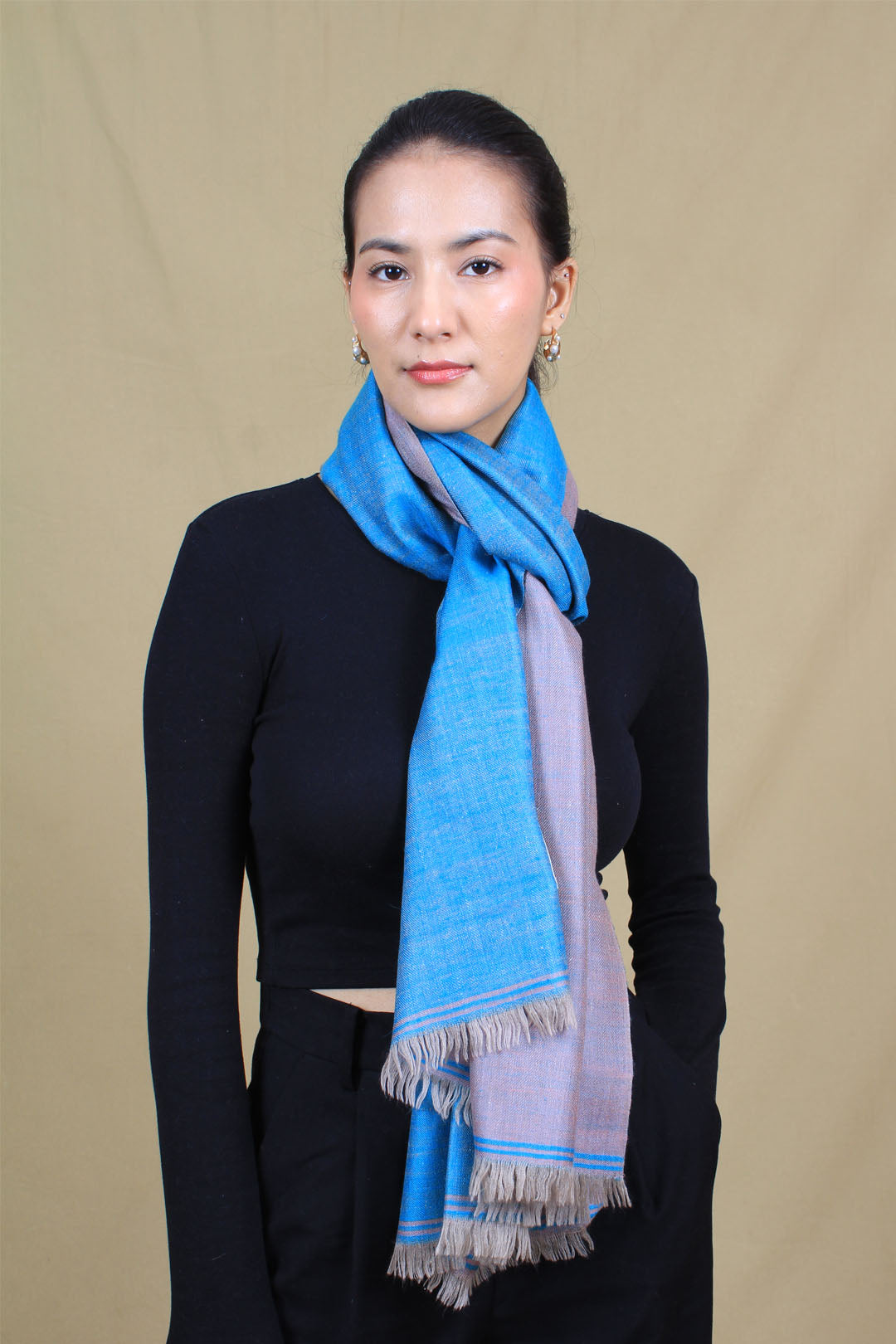 Gulcan Light Summer Blue And Grey Reversible Cashmere Stole