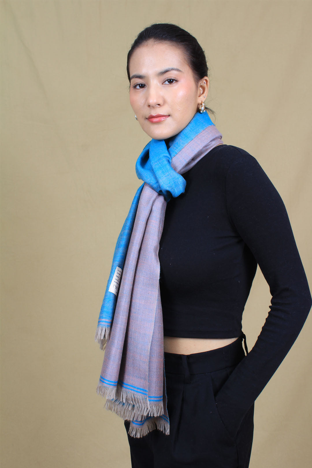 Gulcan Light Summer Blue And Grey Reversible Cashmere Stole