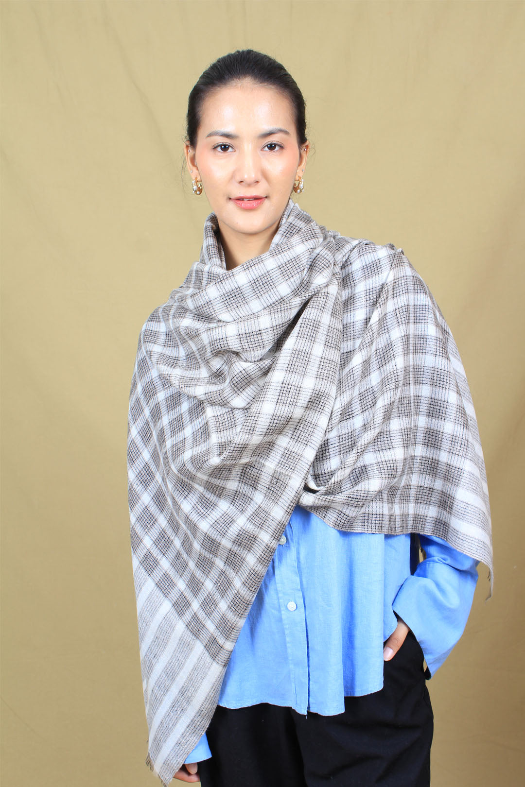 Umair Pearl River Grey Check And Strips Cashmere Stole