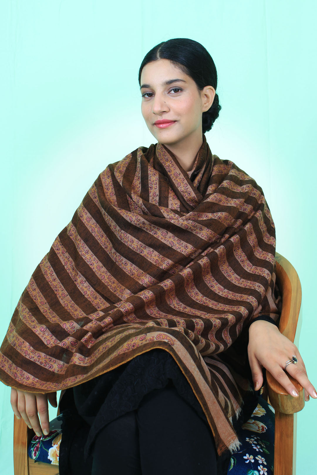 Eshaal Beige Brown Khatras Sozni Embroidered Pashmina Shawl