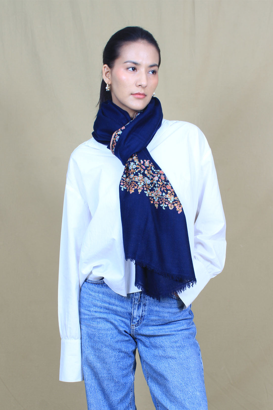 Nayaab Oxford Blue Kanikar Paldar Embroidered Pashmina Stole