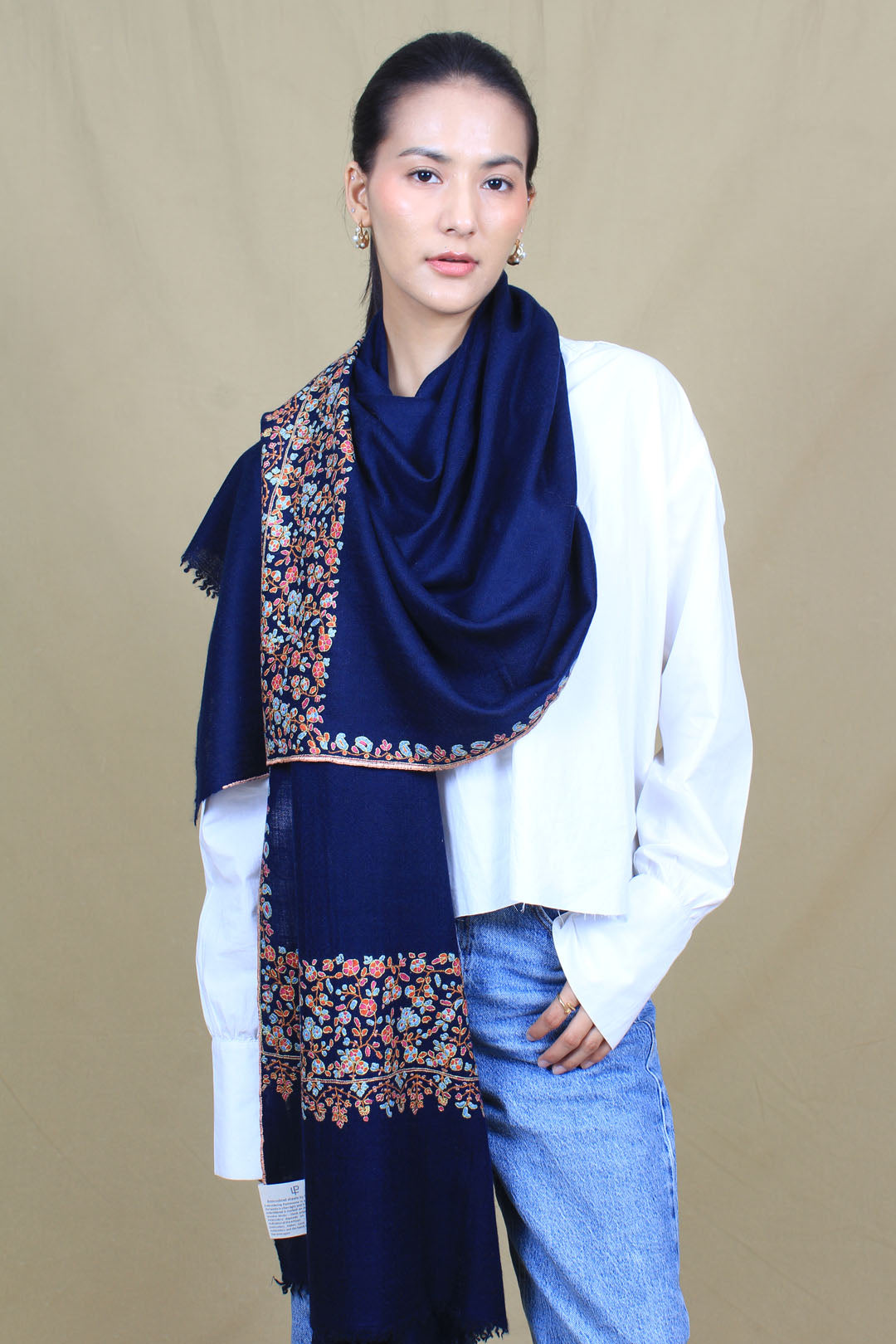 Nayaab Oxford Blue Kanikar Paldar Embroidered Pashmina Stole