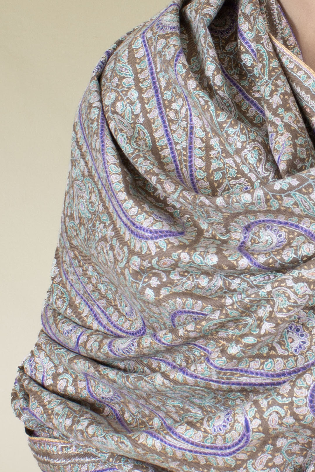 Gulfaam French Beige Paisley Jamavar Pashmina Shawl