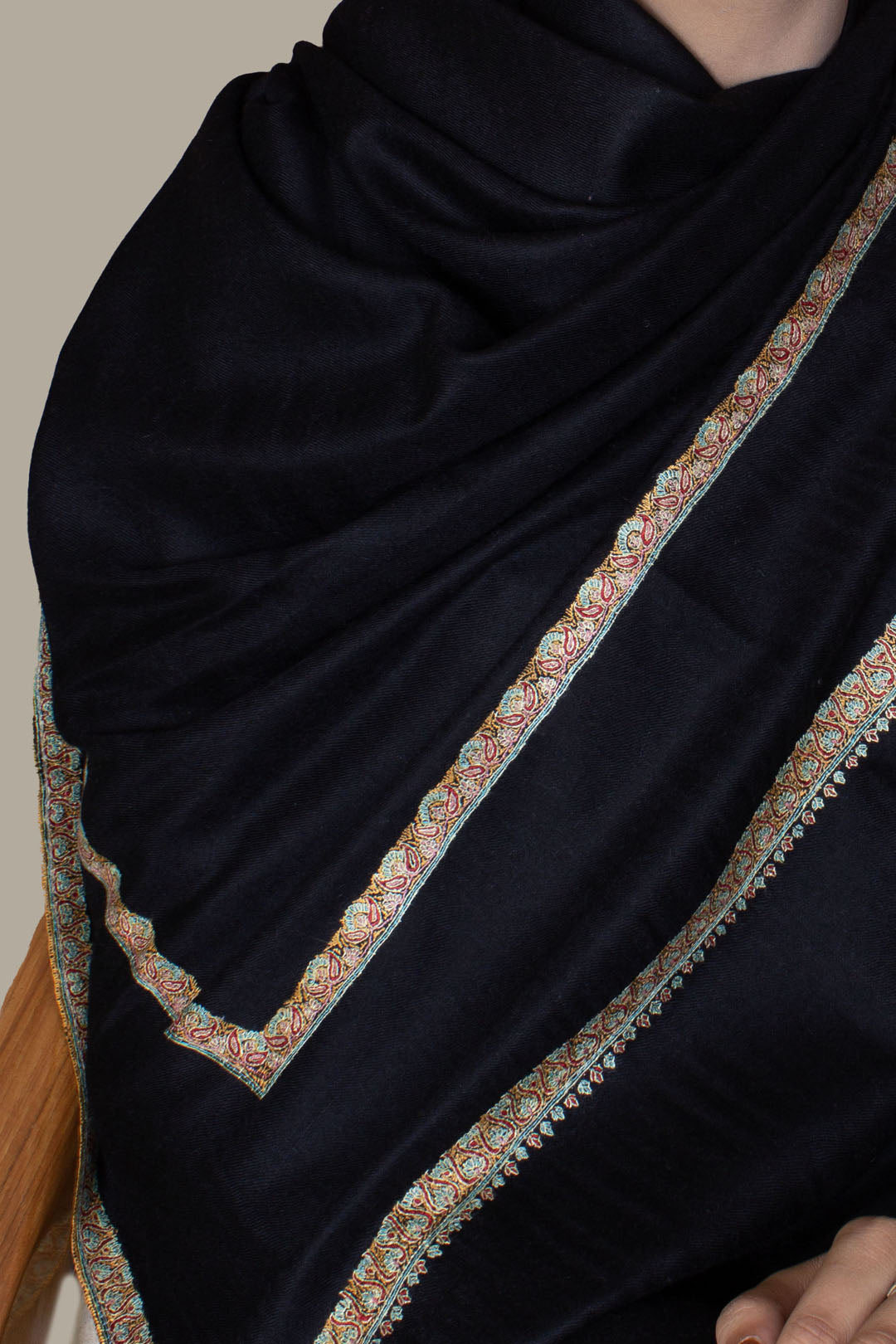 Maheen Pitch Black Double Hashidar Embroidered Pashmina Shawl