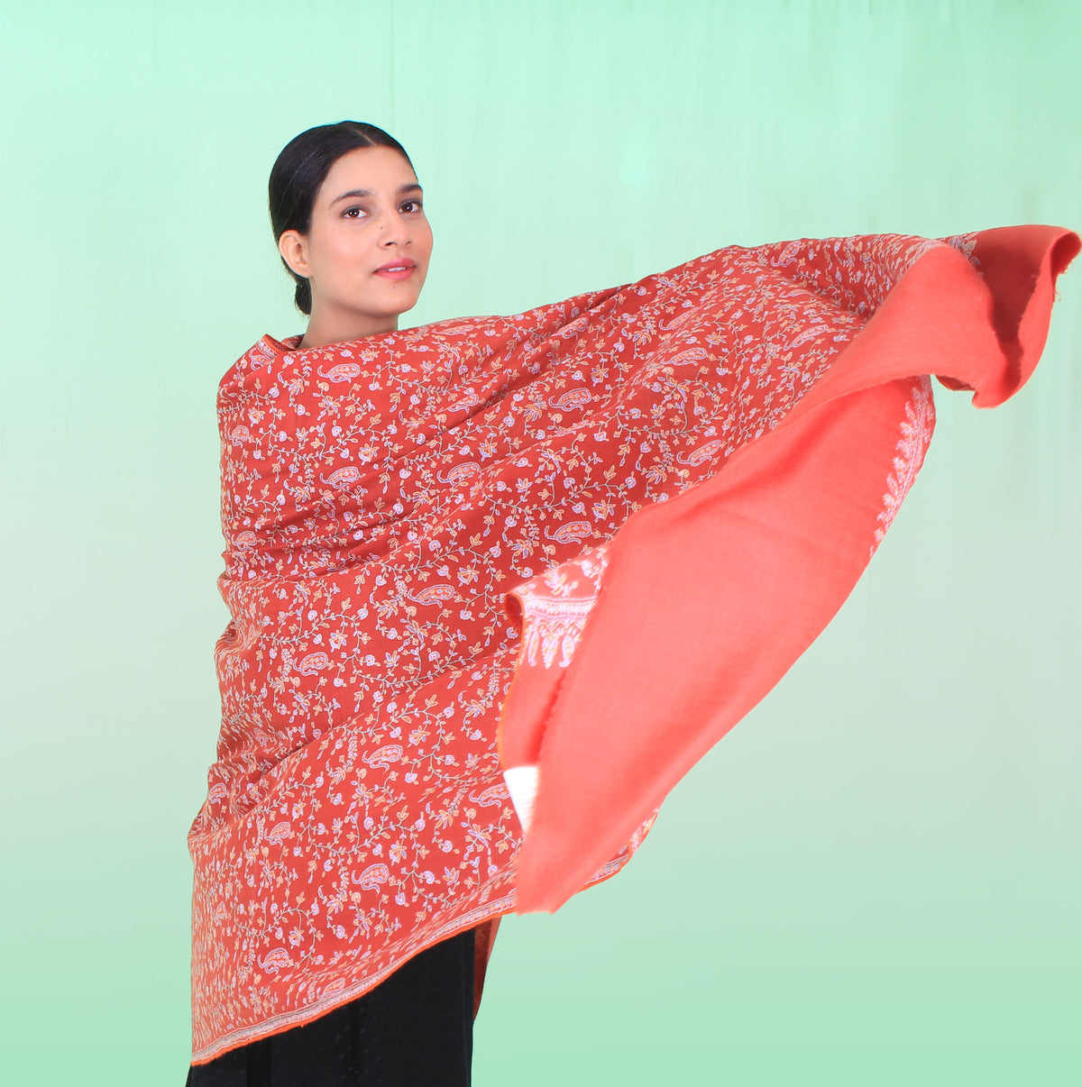 Noorain Peach Orange Sozni Jaali Embroidered Pashmina Shawl