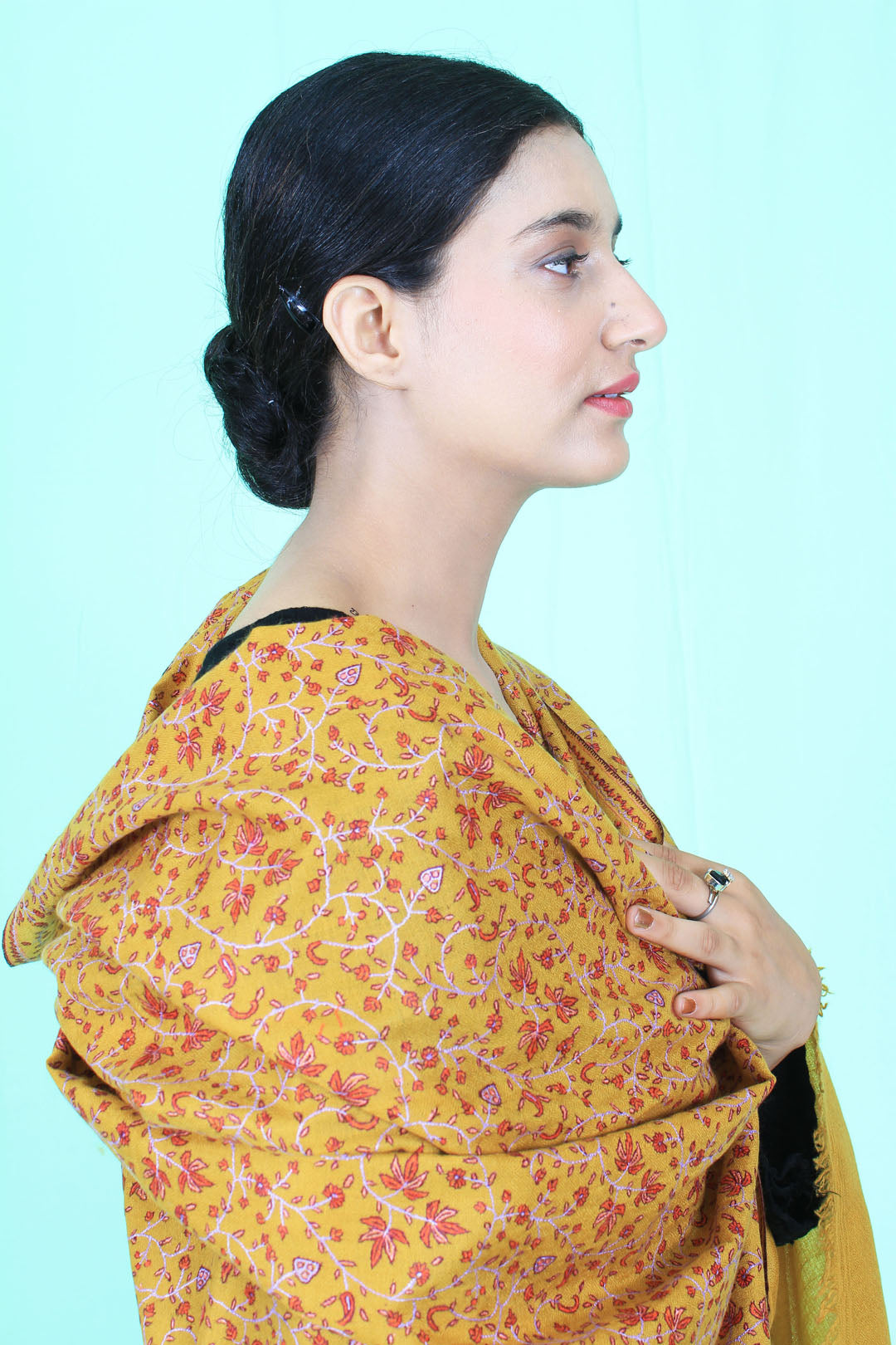 Anousheh Marigold Sozni Jaali Embroidered Pashmina Shawl